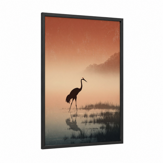 Misty Crane Silhouette framed art print — black wood frame — peach and black and white palette
