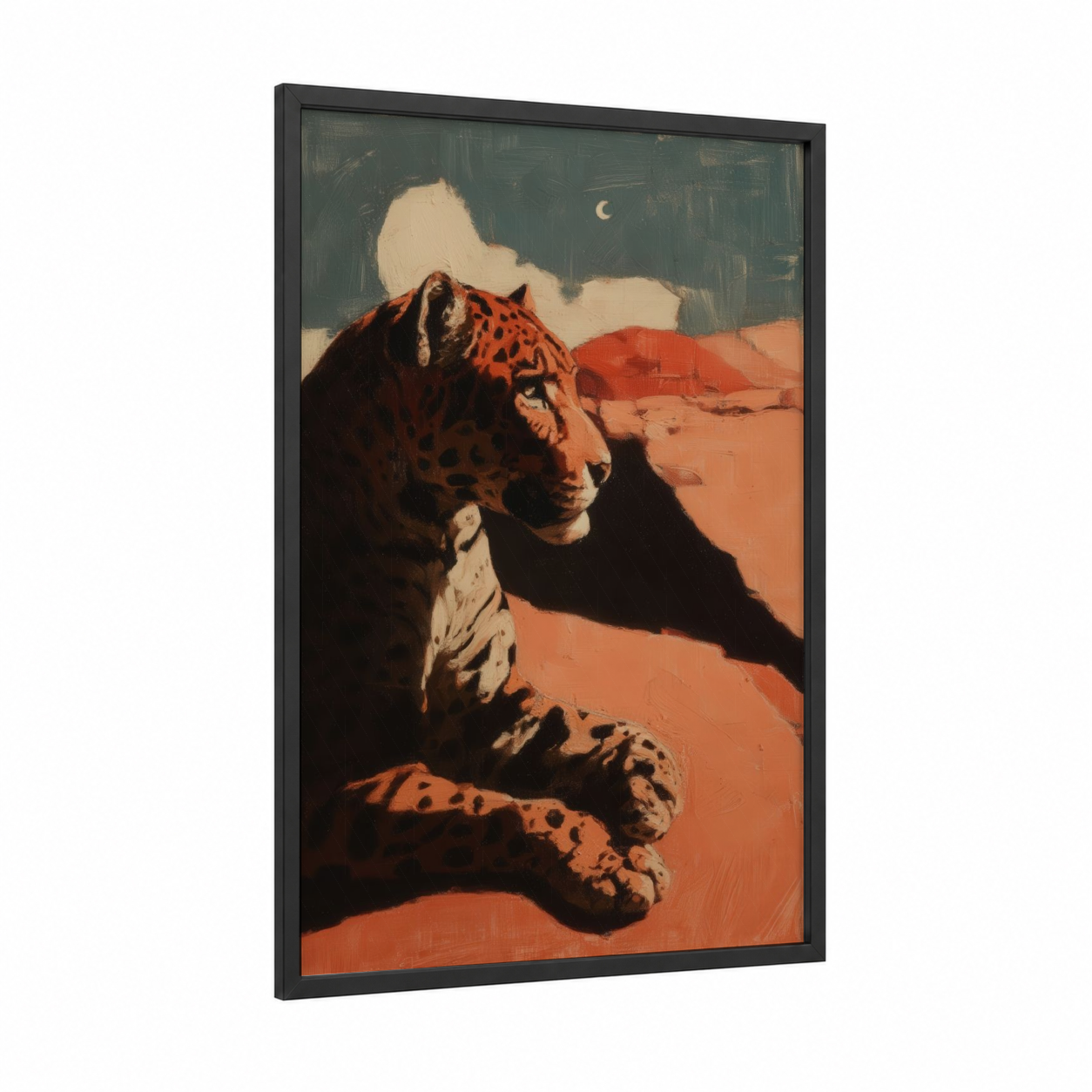 Desert Jaguar framed art print — black wood frame — orange and sage green palette