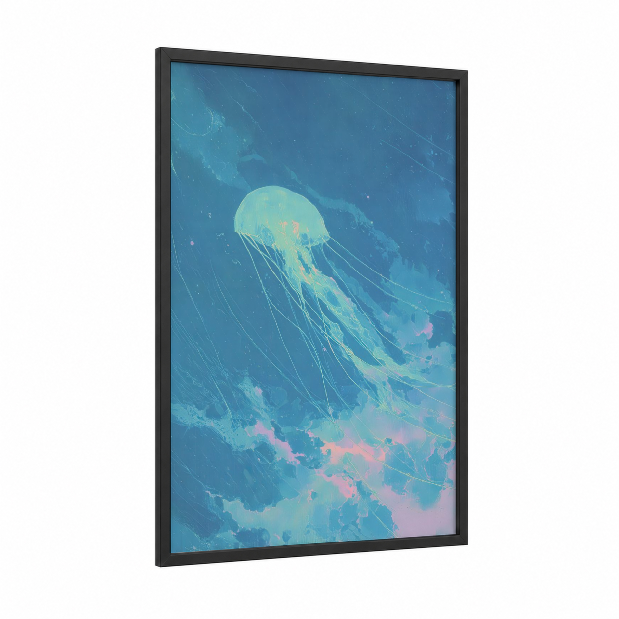 Luminous Jellyfish framed extraterrestrial print — black wood frame — blue and pink palette