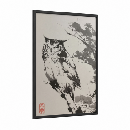 Vigilant Owl framed art print — black wood frame — black and white and gray palette