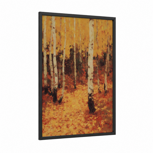 Golden Aspen Forest framed art print — black wood frame — yellow gold and russet palette
