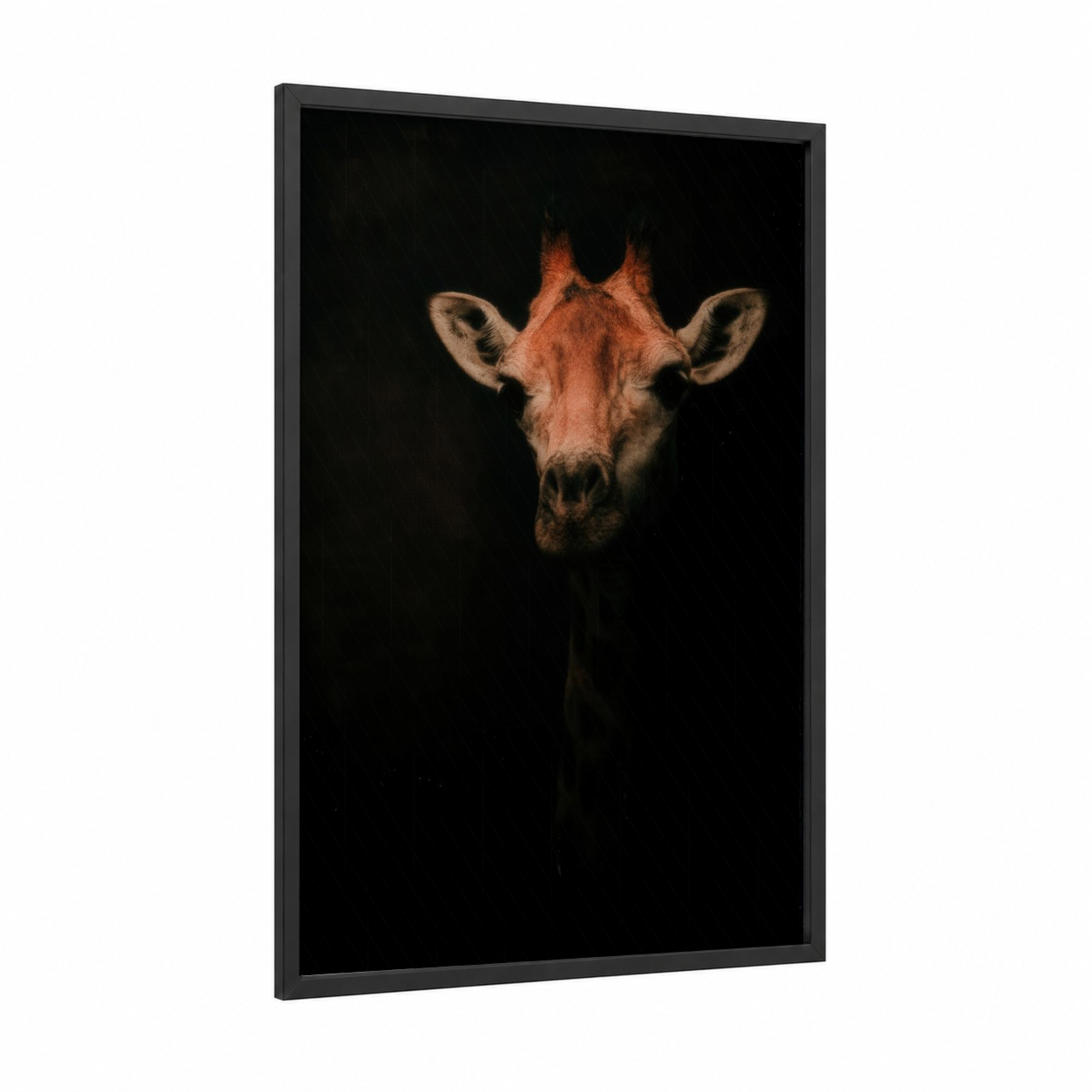 Dramatic Giraffe framed art print — black wood frame — black and gold palette