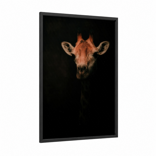 Dramatic Giraffe framed art print — black wood frame — black and gold palette