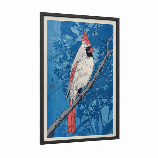 Crimson Cardinal framed art print — black wood frame — blue and red palette