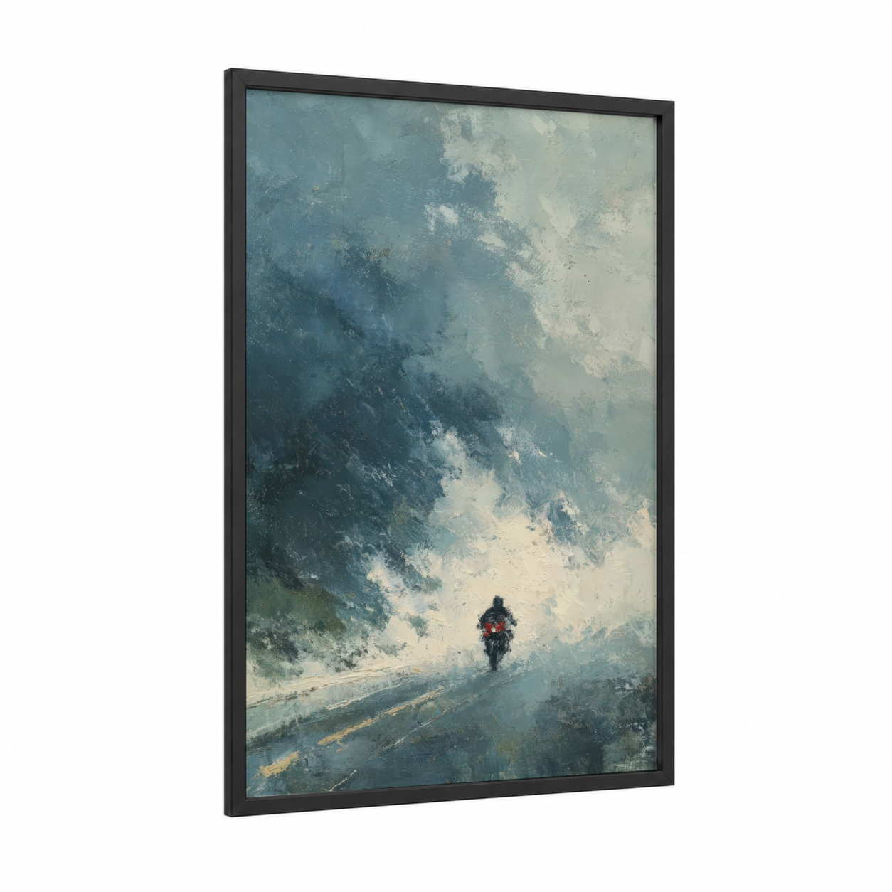 Mountain Rider framed vintage motorcycle print — black wood frame — blue and white and dove gray palette