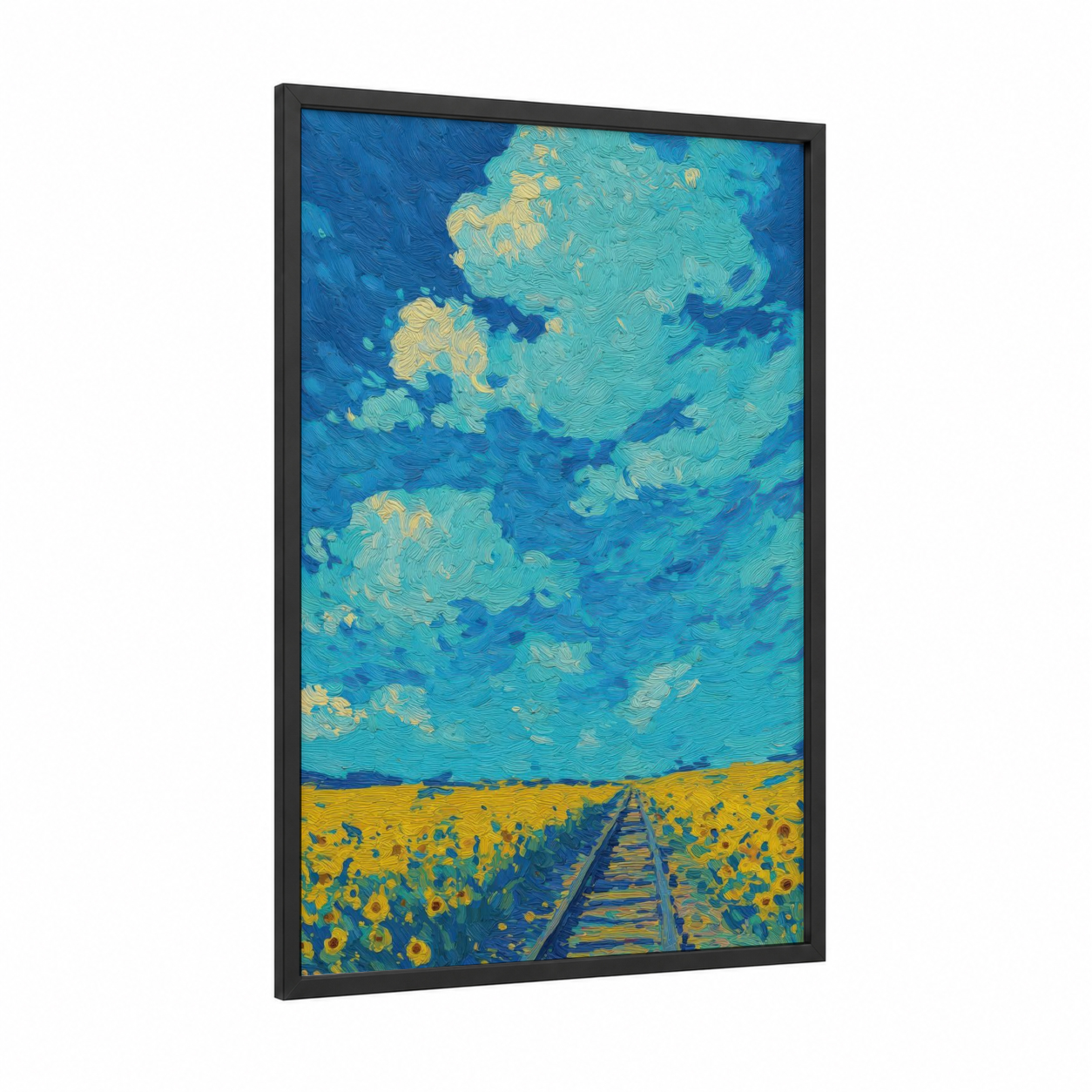 Sunflower Rails framed train tracks print — black wood frame — blue and gold palette