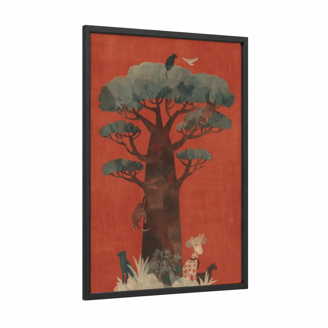 Baobab Wildlife framed baobab tree print — black wood frame — red and gray palette