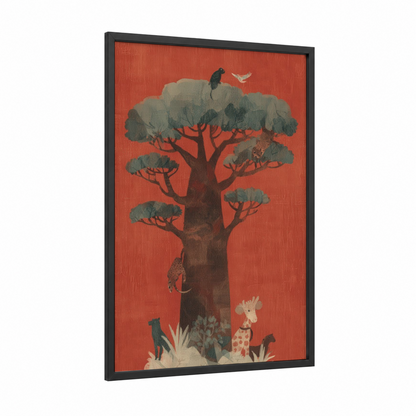 Baobab Wildlife framed baobab tree print — black wood frame — red and gray palette