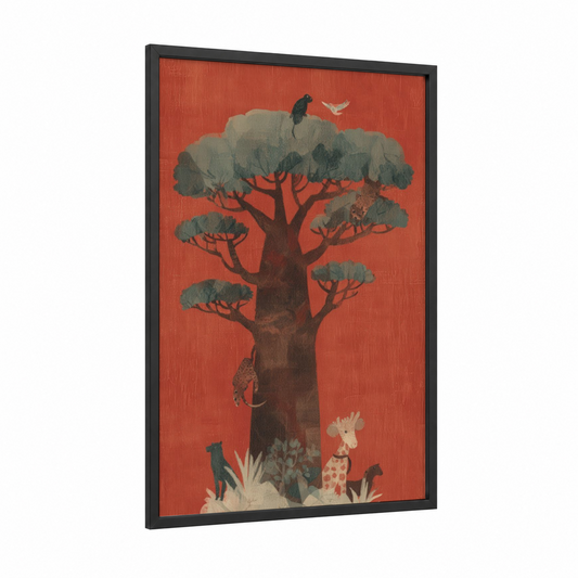 Baobab Wildlife framed baobab tree print — black wood frame — red and gray palette