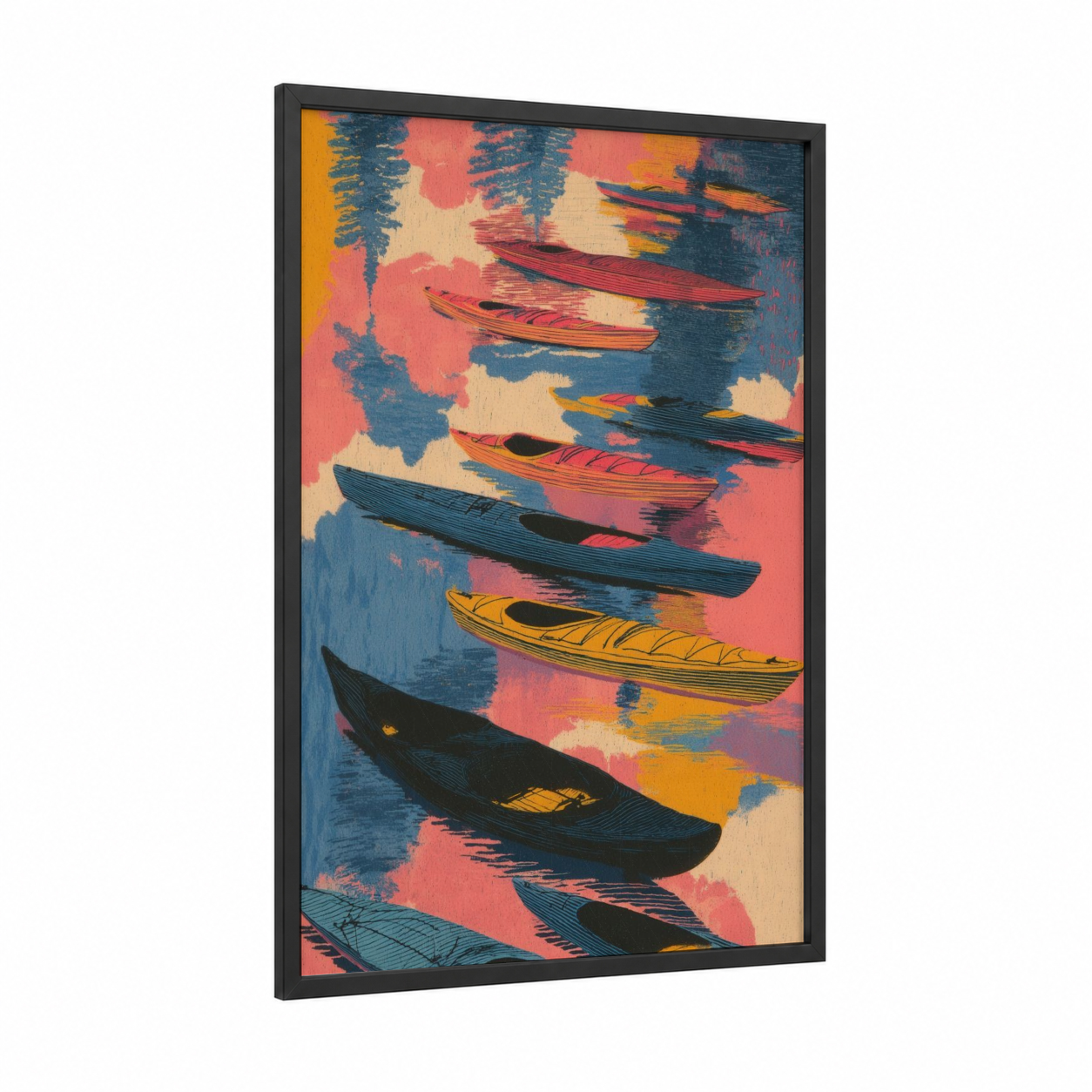 Vibrant Kayak Fleet framed kayaks and canoes print — black wood frame — teal palette