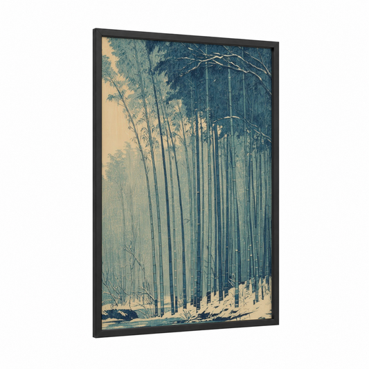 Snowy Bamboo Grove framed art print — black wood frame — blue and cream palette