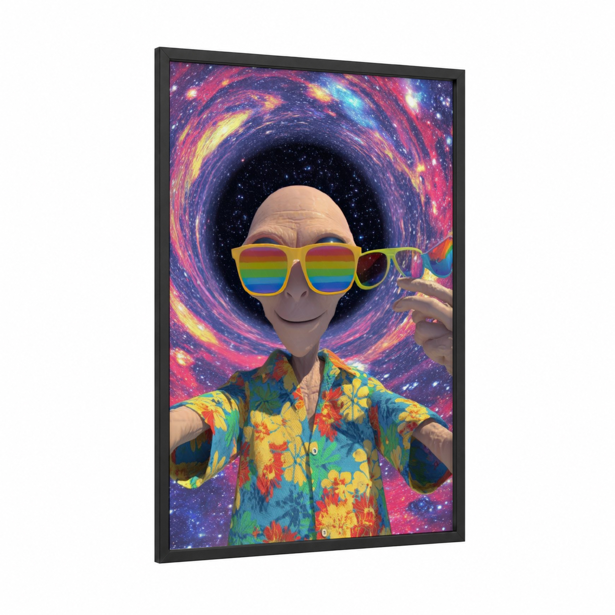 Cosmic Alien Vibes framed extraterrestrial print — black wood frame — magenta and gold palette
