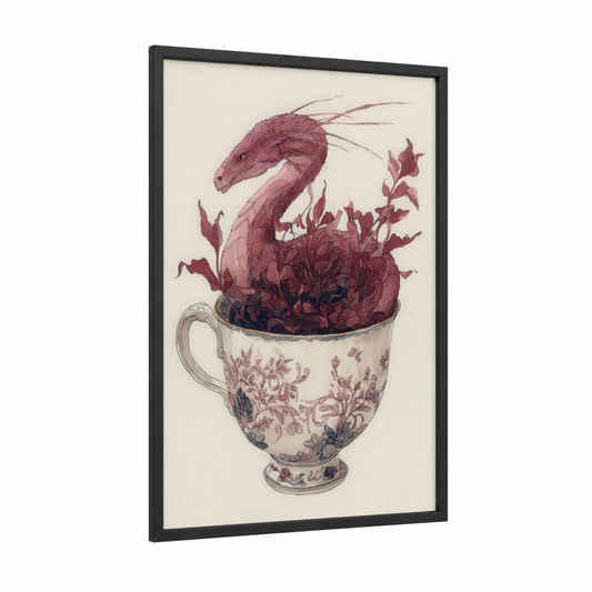 Teacup Basilisk framed art print — black wood frame — maroon and cream palette