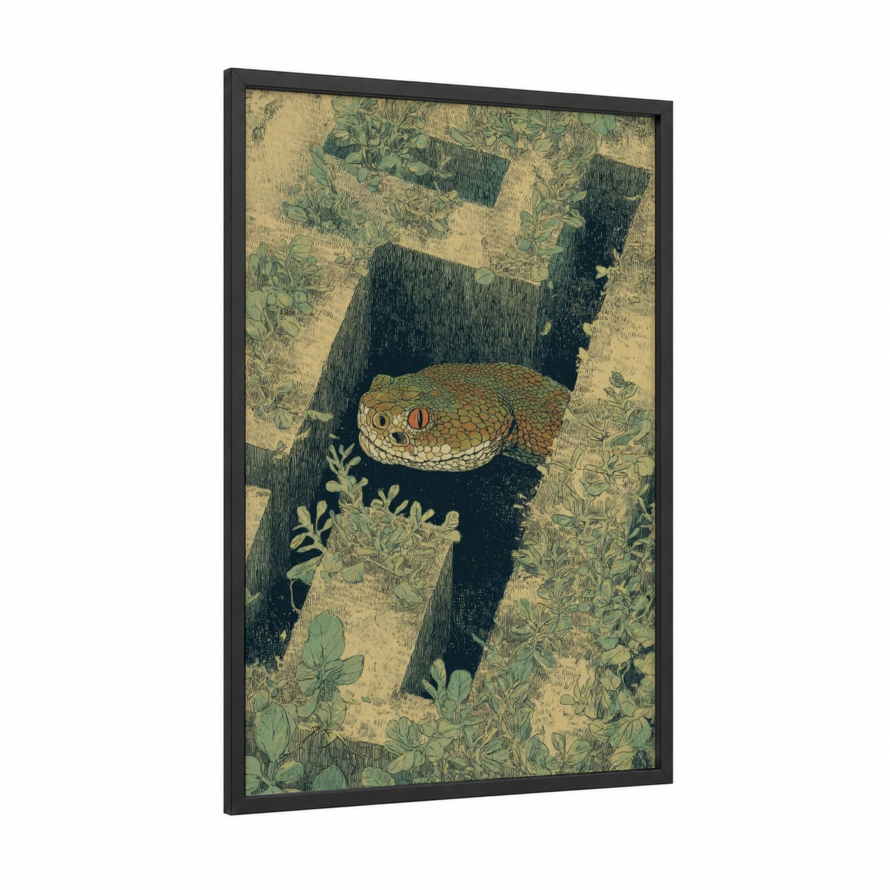Garden Rattlesnake framed art print — black wood frame — cream and dark green palette
