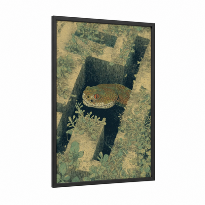 Garden Rattlesnake framed art print — black wood frame — cream and dark green palette
