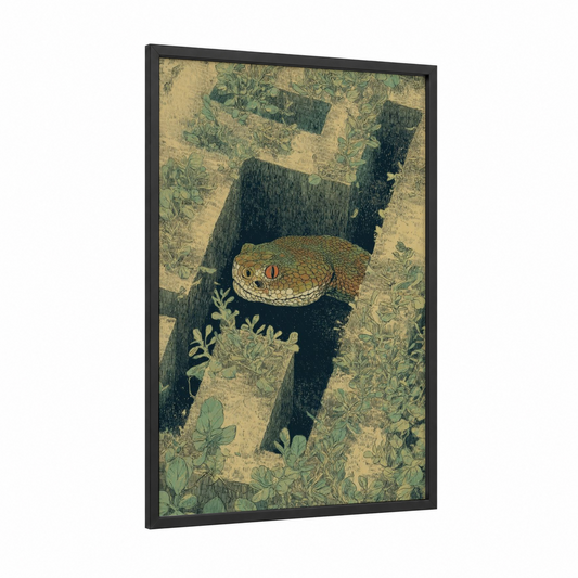 Garden Rattlesnake framed art print — black wood frame — cream and dark green palette
