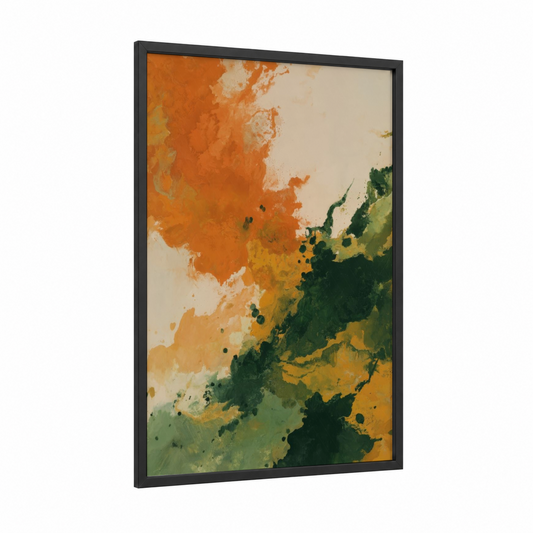 Autumn Tea Abstract framed iced tea print — black wood frame — orange and dark green palette