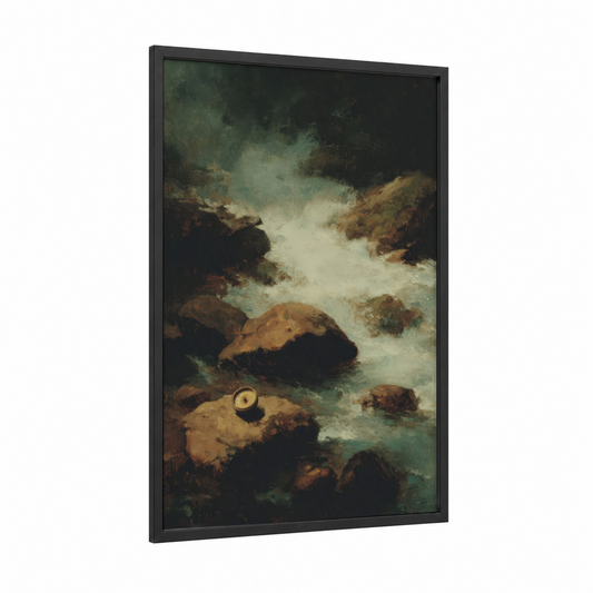 Misty Rapids Compass framed art print — black wood frame — teal and brown palette