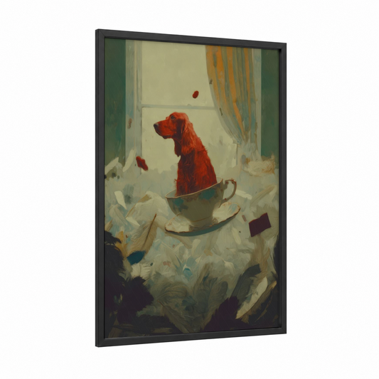 Teacup Setter framed art print — black wood frame — cream and sage green palette