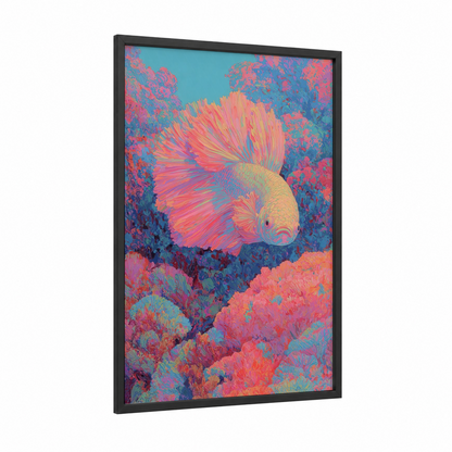 Coral Betta Fish framed art print — black wood frame — pink and blue palette