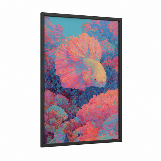 Coral Betta Fish framed art print — black wood frame — pink and blue palette
