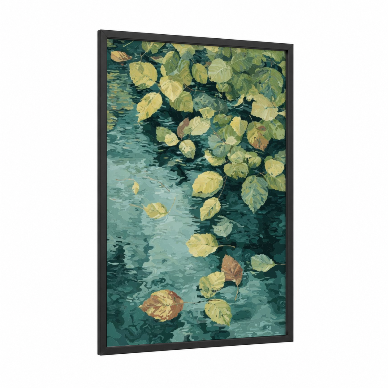 Golden Linden Reflection framed linden tree print — black wood frame — light green and teal palette