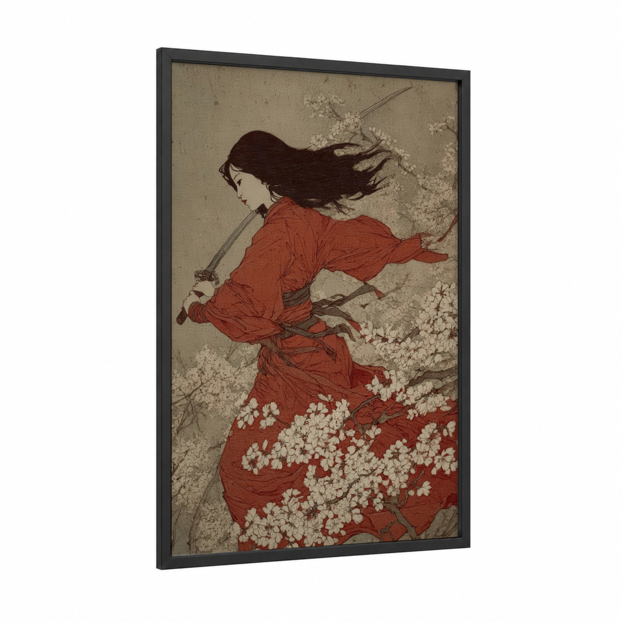 Crimson Warrior framed kung fu print — black wood frame — red and beige palette