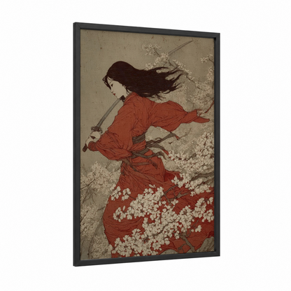 Crimson Warrior framed kung fu print — black wood frame — red and beige palette