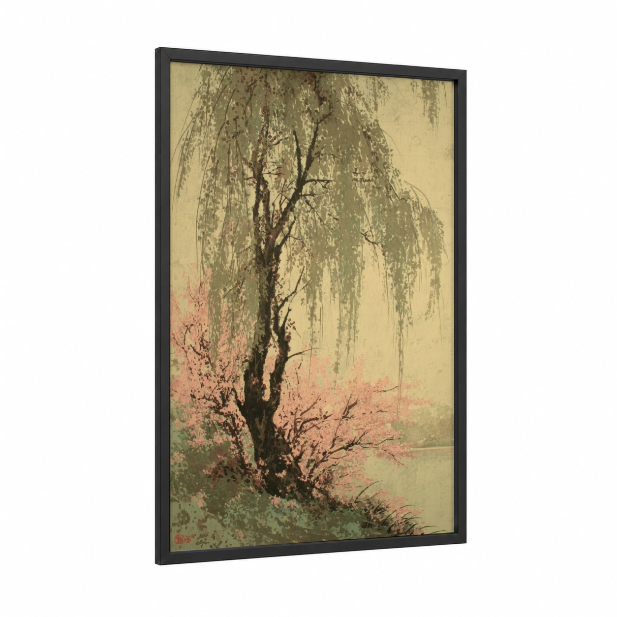 Weeping Willow Spring framed willow tree print — black wood frame — sage green and cream palette