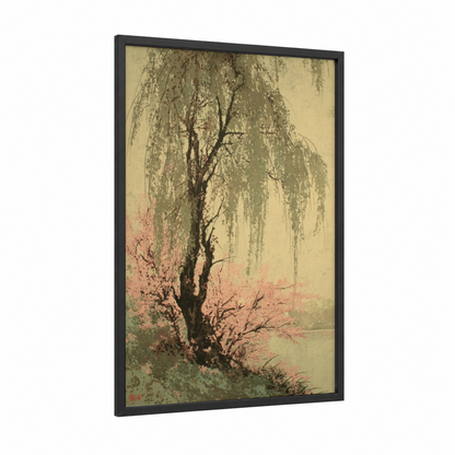 Weeping Willow Spring framed willow tree print — black wood frame — sage green and cream palette