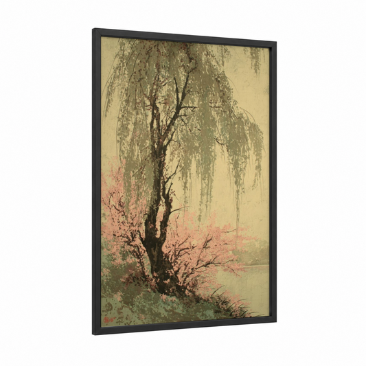 Weeping Willow Spring framed willow tree print — black wood frame — sage green and cream palette