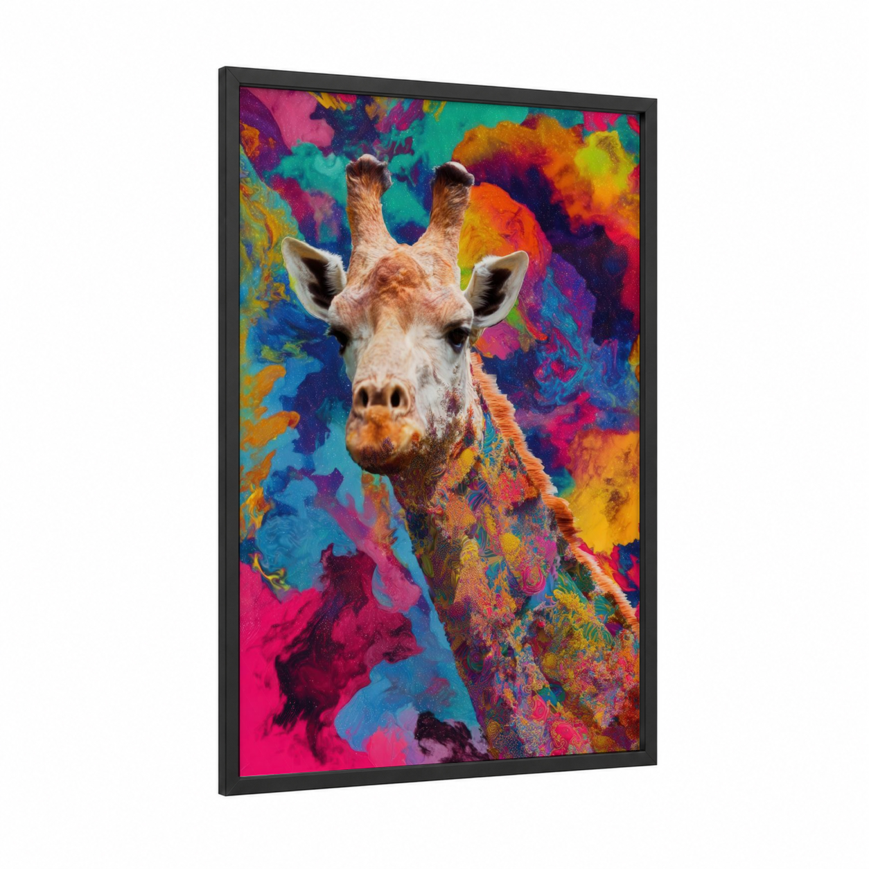 Rainbow Giraffe framed art print — black wood frame — magenta and blue palette