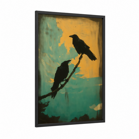 Golden Sunset Ravens framed crows and ravens print — black wood frame — gold and teal palette