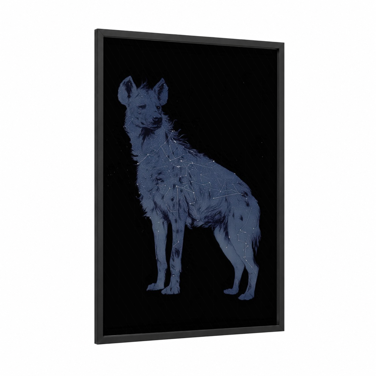 Celestial Hyena framed art print — black wood frame — blue and black and white palette