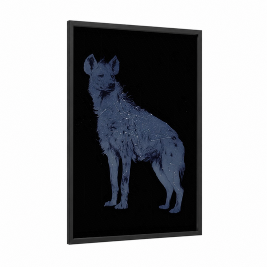 Celestial Hyena framed art print — black wood frame — blue and black and white palette