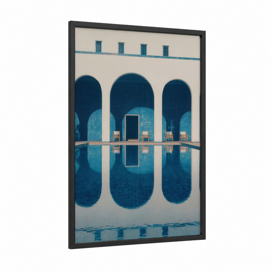 Blue Mosque Reflection framed art print — black wood frame — blue and cream palette