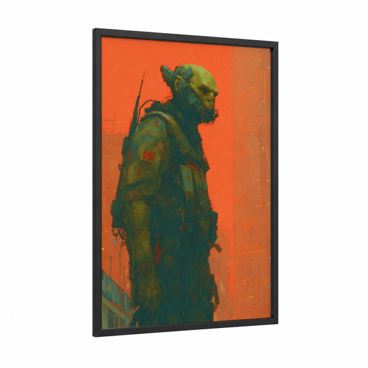 Vigilant Orc framed art print — black wood frame — orange and teal palette