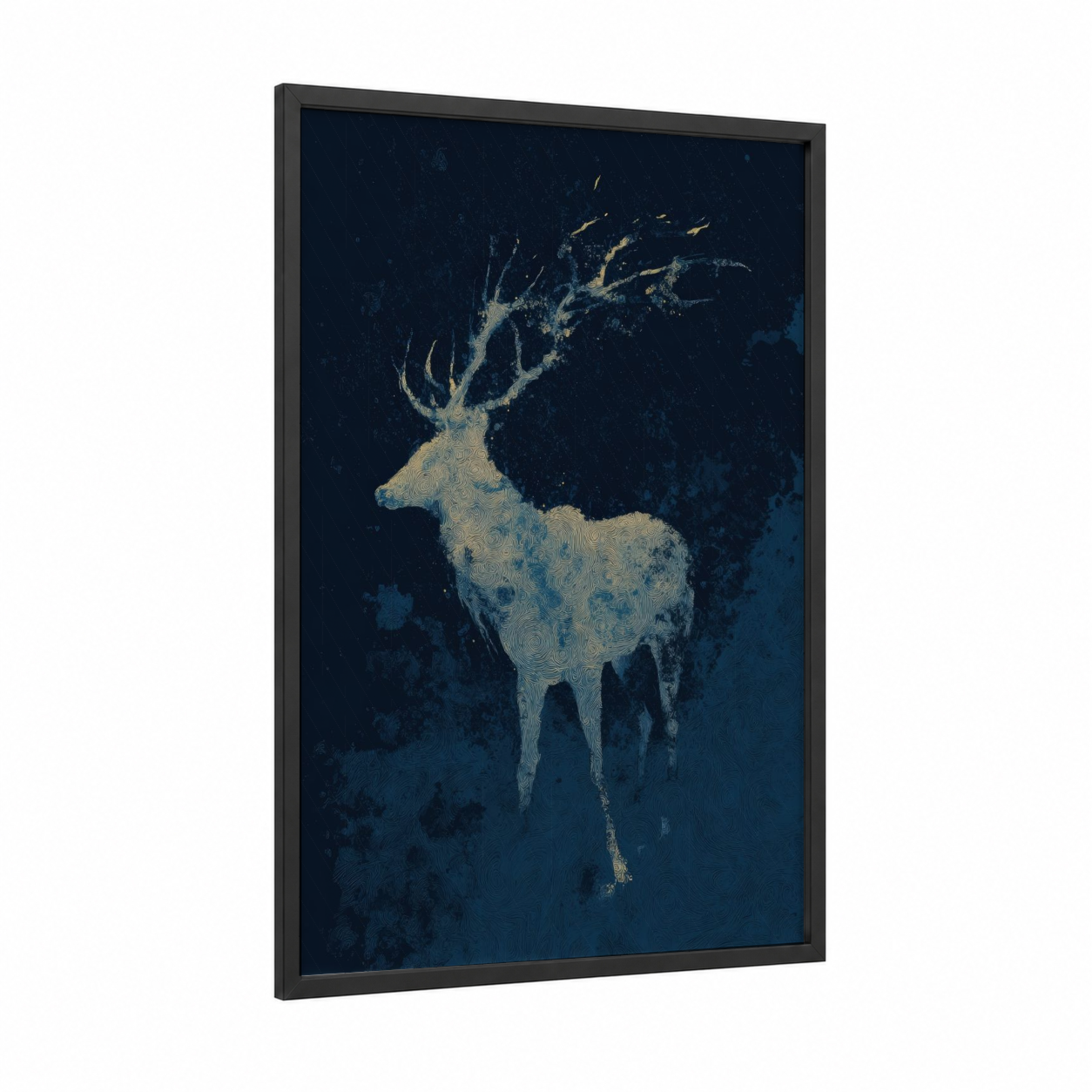 Celestial Reindeer framed art print — black wood frame — dark blue and gold palette