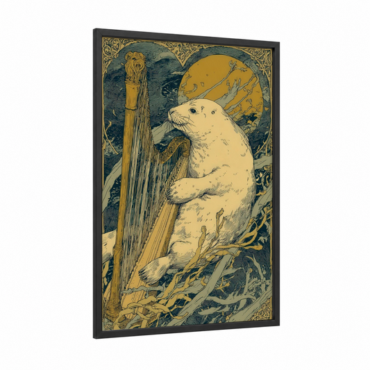 Moonlit Seal Musician framed art print — black wood frame — gold and blue palette