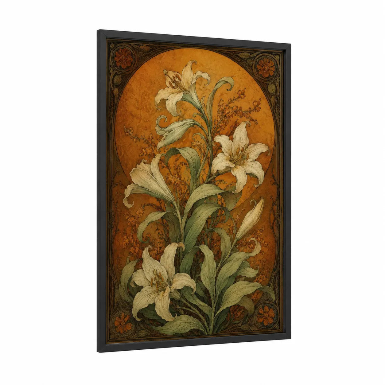 White Lily Art Deco Wall Art framed art print — black wood frame — orange and cream palette
