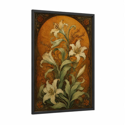 White Lily Art Deco Wall Art framed art print — black wood frame — orange and cream palette