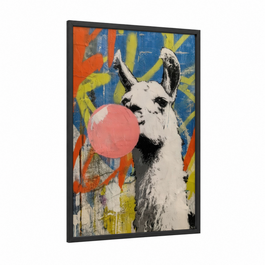 Bubblegum Llama framed art print — black wood frame — blue and orange palette
