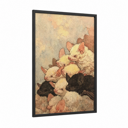 Clustered Bats framed art print — black wood frame — cream and russet palette