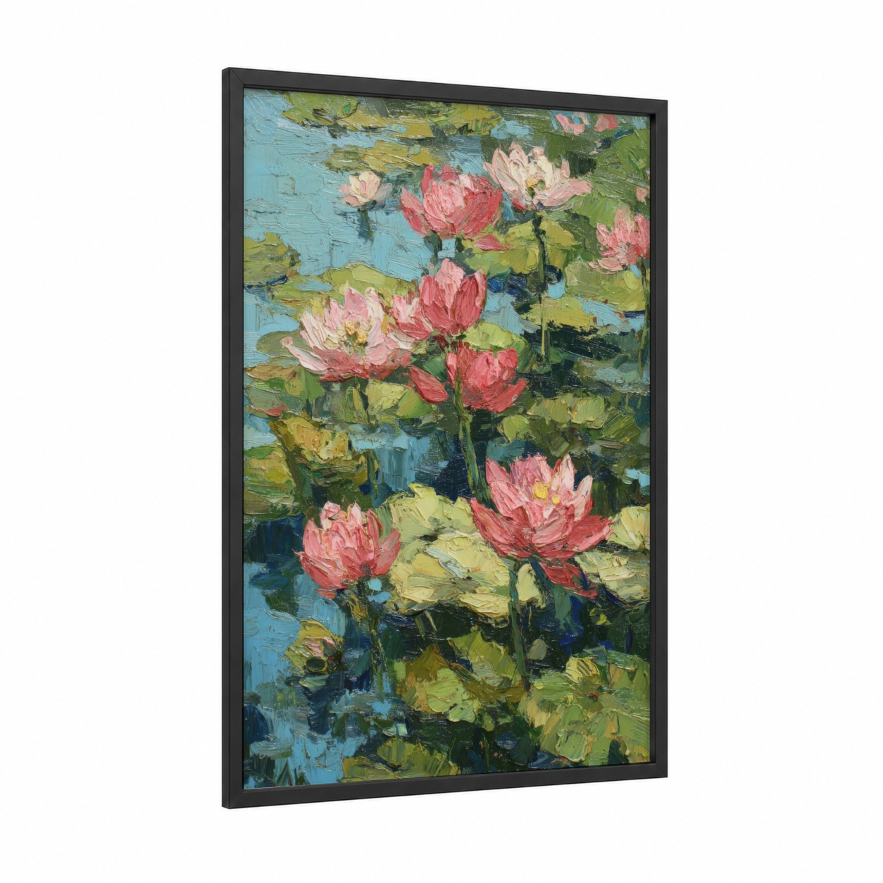 Pink Lotus Garden framed art print — black wood frame — pink and blue palette