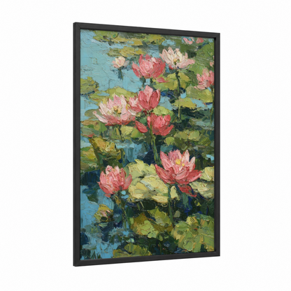 Pink Lotus Garden framed art print — black wood frame — pink and blue palette