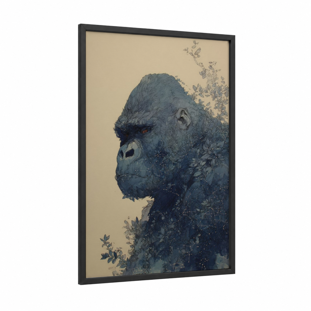 Contemplative Gorilla framed art print — black wood frame — blue and cream palette