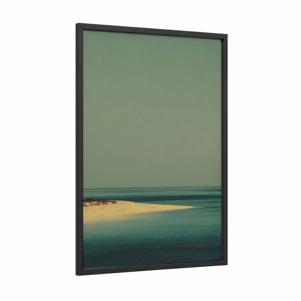Turquoise Island framed art print — black wood frame — sage green and teal palette