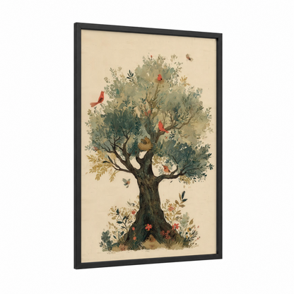 Olive Tree Garden framed art print — black wood frame — sage green and cream palette