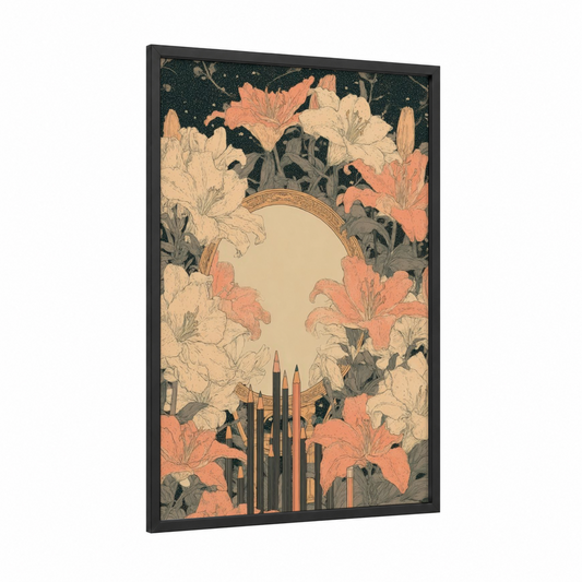 Coral Lily Palette framed make up print — black wood frame — peach and black palette