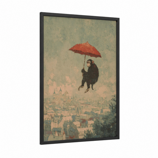 Umbrella Chimpanzee framed art print — black wood frame — sage green and cream palette
